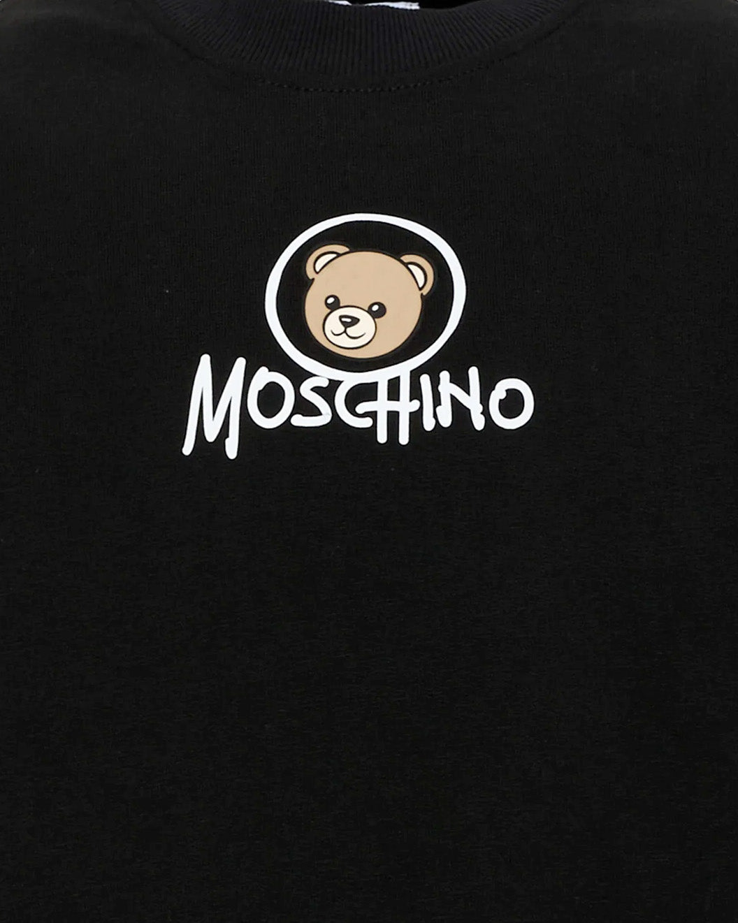 Moschino Kids Felpa Nera Girocollo con Stampa Teddy Bear e Logo per Bambini