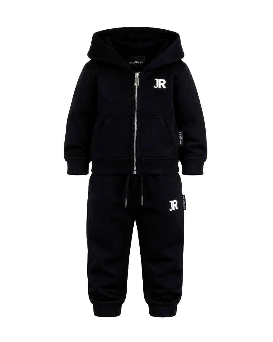John Richmond Kids Tuta in Felpa Nera con Cappuccio e Logo per Neonati
