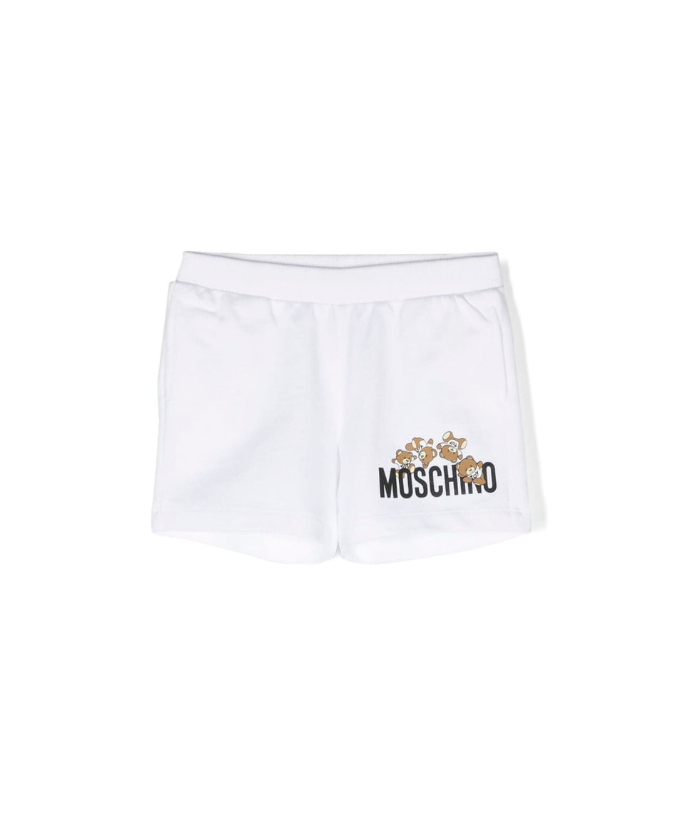 Moschino Kids Short Bianco con Logo Teddy Bear per Neonati (fronte)