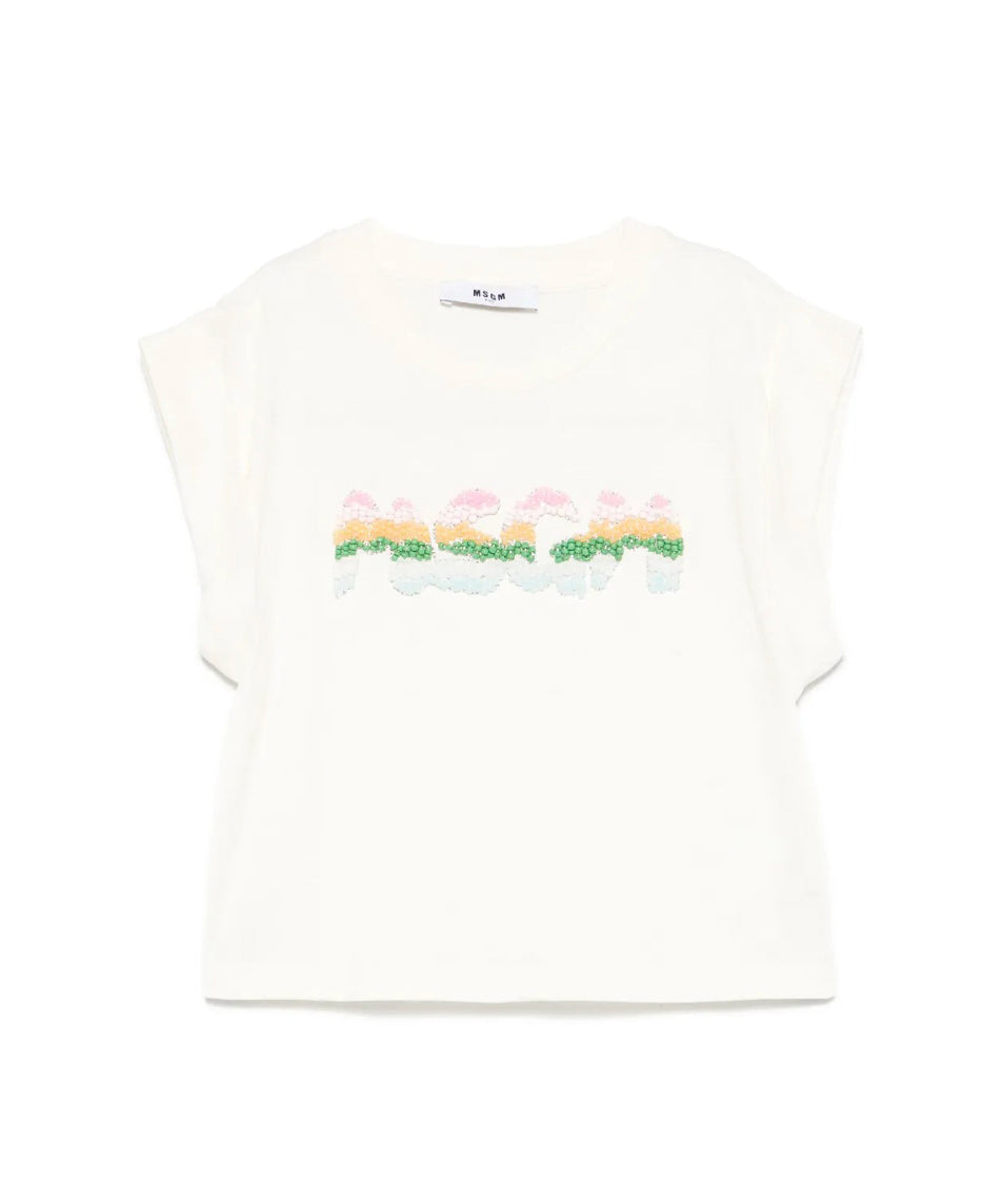 MSGM Kids T-shirt Crema con Applicazione Perline per Bambine