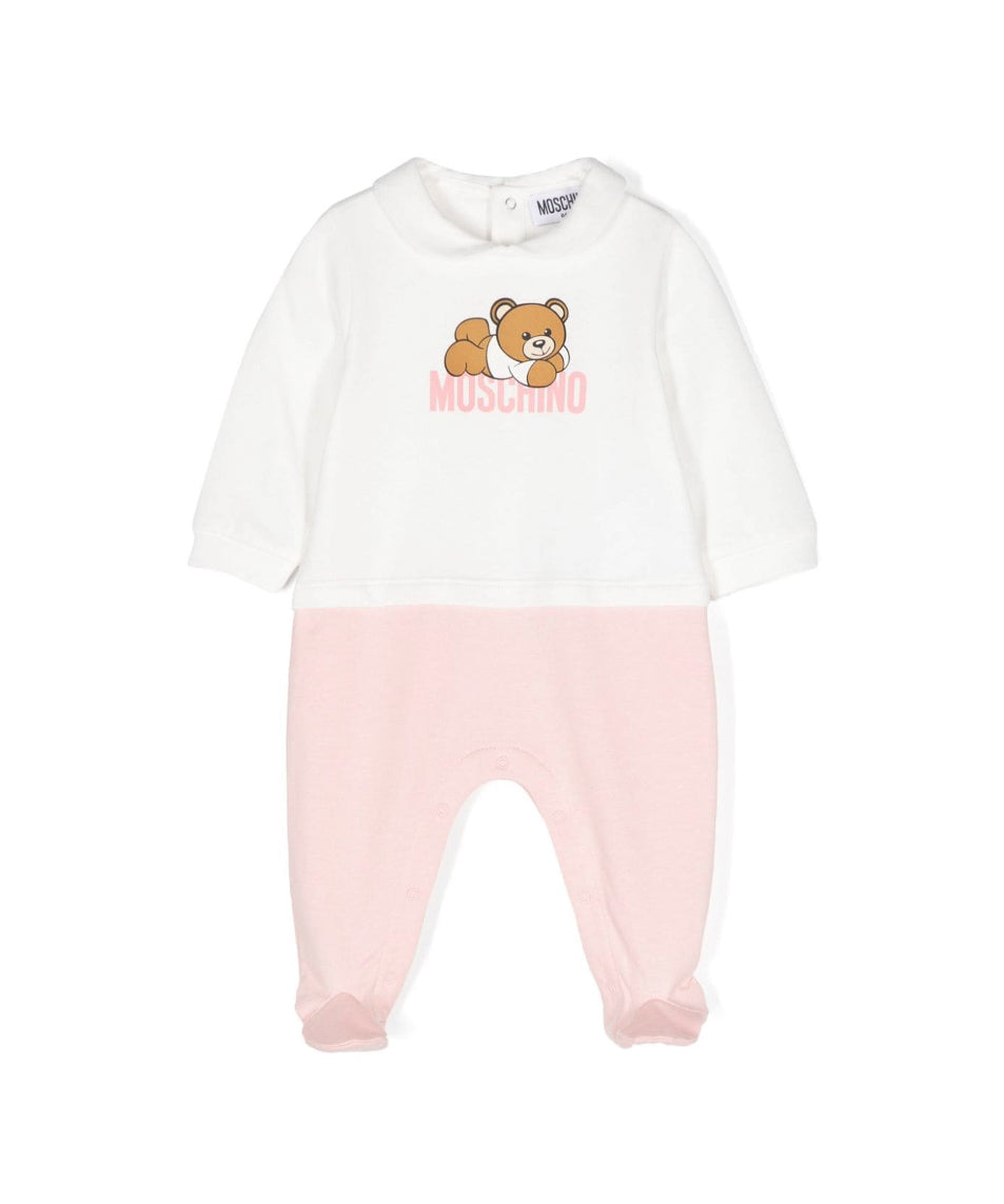 Moschino Kids Tutina Bianco/Rosa con Stampa Logo per Neonate 