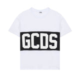 Gcds Kids T-Shirt Bianco con Banda Nero Logata Unisex