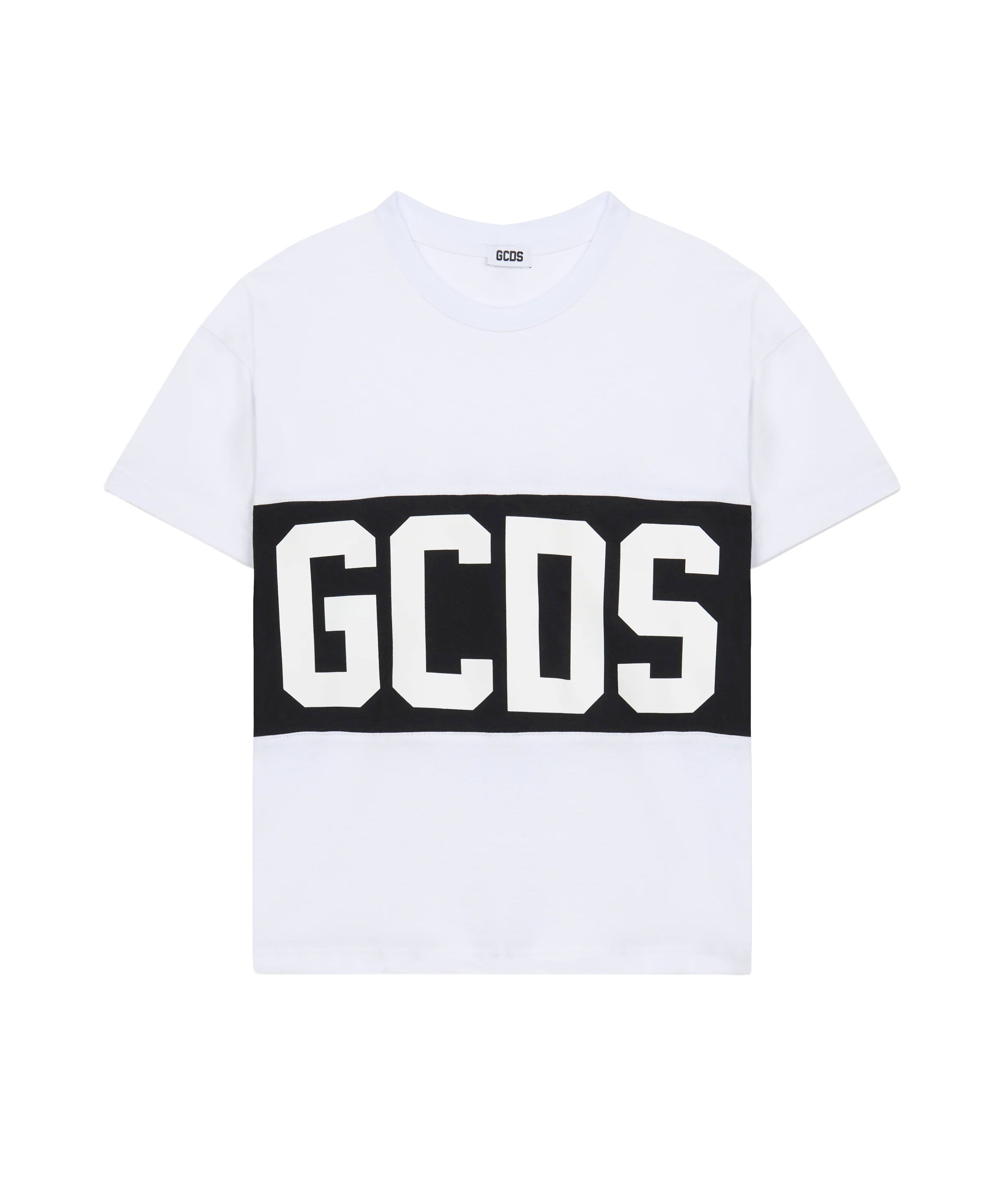 Gcds Kids T-Shirt Bianco con Banda Nero Logata Unisex