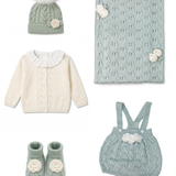 Marlù Set Completo 3pz Camicetta+Maglioncino+Salopette+Scarpine+Cappello Verde Lichene e Vaniglia per Neonati