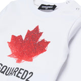 Dsquared2 Kids Felpa Girocollo Bianca con Stampa Logo Foglia D'acero con Bottoni Apertura Spalla per Neonati