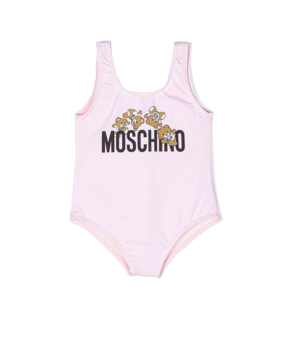 Moschino Kids Costume Monokini Rosa con Logo Teddy Bear per Neonate (fronte)