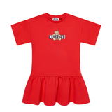 Moschino Kids Abito Rosso con Gonna Rouches e Logo Teddy Bear per Bambine