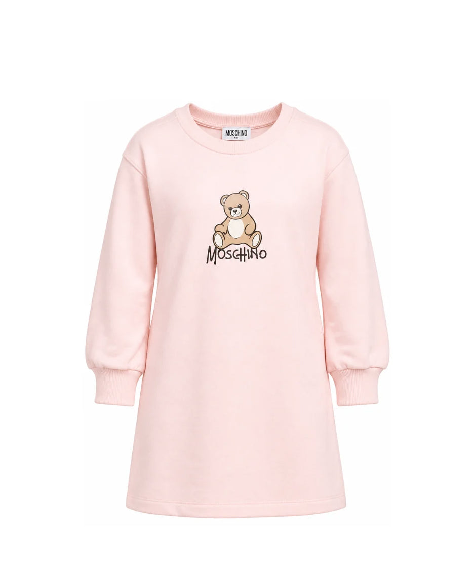 Moschino Kids Vestito Rosa in Felpa con Stampa Teddy Bear e Logo per Bambine