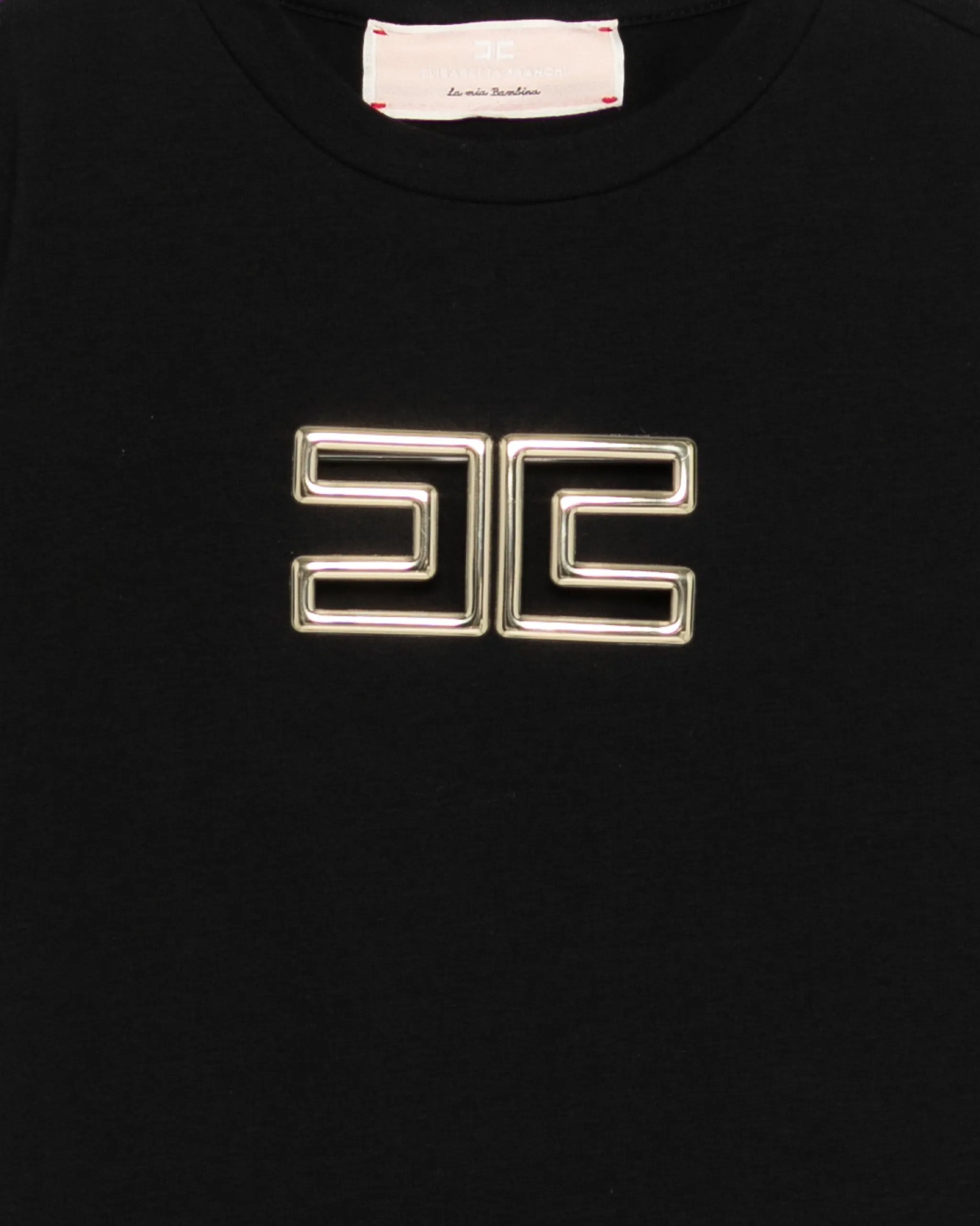 Elisabetta Franchi La Mia Bambina T-shirt Nera con Logo Effetto Metallico Oro per Neonate