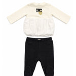 Elisabetta Franchi La Mia Bambina Completo Avorio e Nero con Blusa a Balloon in Tessuto Misto, Logo Ricamato e Charm Cuore Oro e Pantaloni con Piedini per Neonate