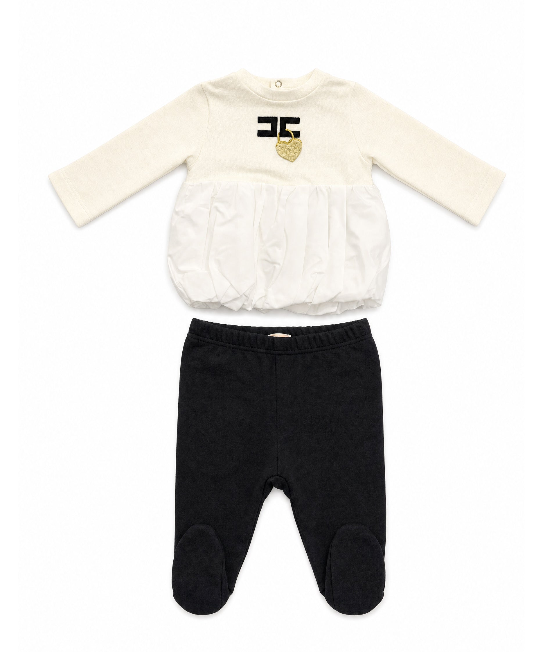 Elisabetta Franchi La Mia Bambina Completo Avorio e Nero con Blusa a Balloon in Tessuto Misto, Logo Ricamato e Charm Cuore Oro e Pantaloni con Piedini per Neonate