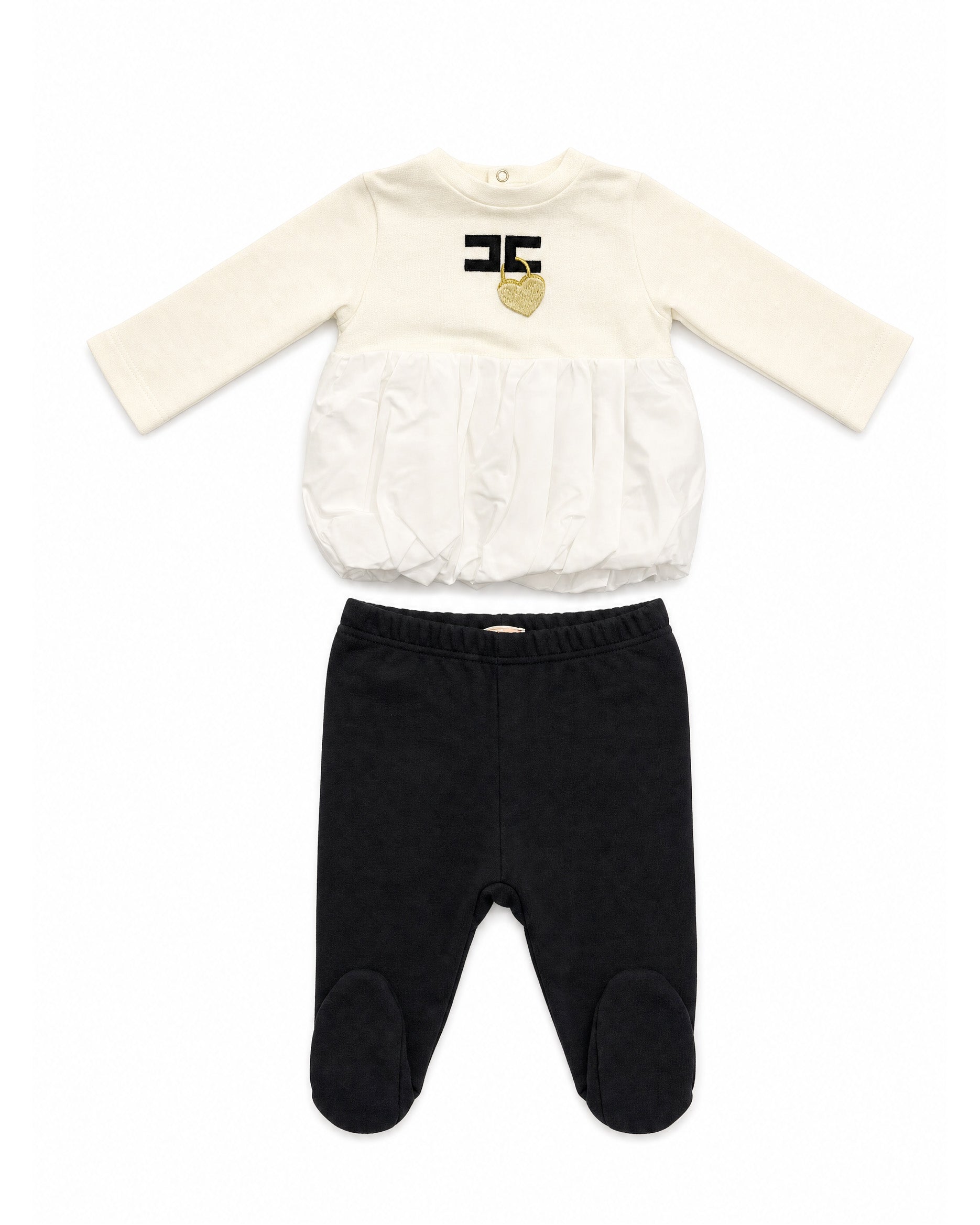 Elisabetta Franchi La Mia Bambina Completo Avorio e Nero con Blusa a Balloon in Tessuto Misto, Logo Ricamato e Charm Cuore Oro e Pantaloni con Piedini per Neonate