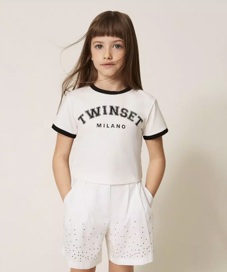 Twinset Kids T-Shirt Bianco e Nero con Logo per Bambine