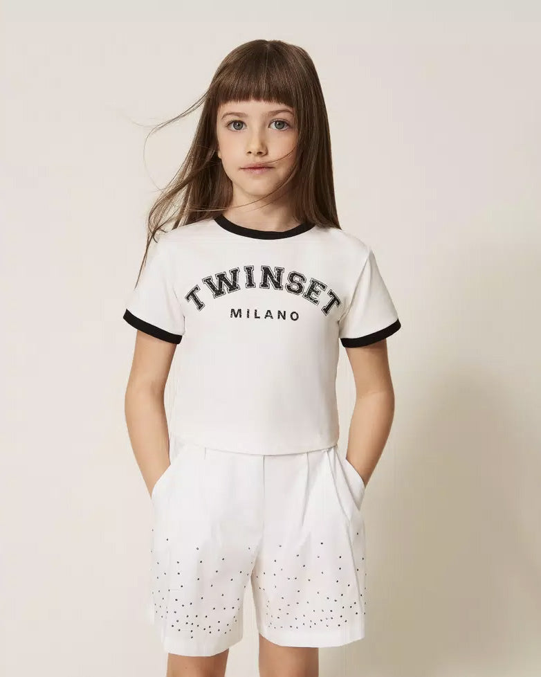 Twinset Kids T-Shirt Bianco e Nero con Logo per Bambine