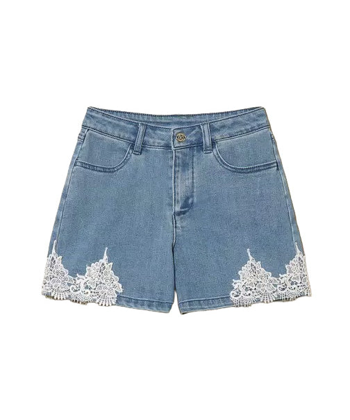 Twinset Kids Shorts in Denim con Dettagli in Pizzo per Bambine