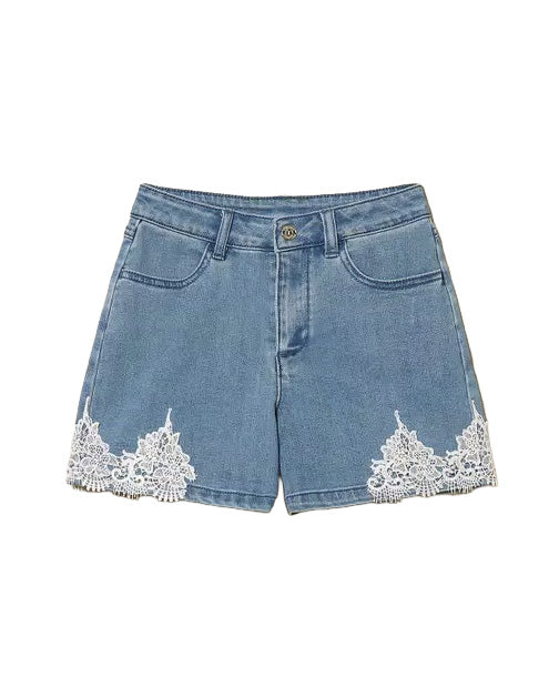 Twinset Kids Shorts in Denim con Dettagli in Pizzo per Bambine