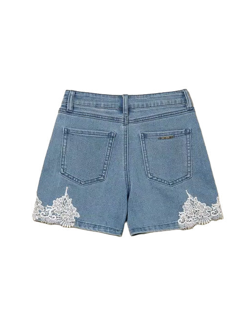 Twinset Kids Shorts in Denim con Dettagli in Pizzo per Bambine