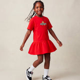 Moschino Kids Abito Rosso con Gonna Rouches e Logo Teddy Bear per Bambine