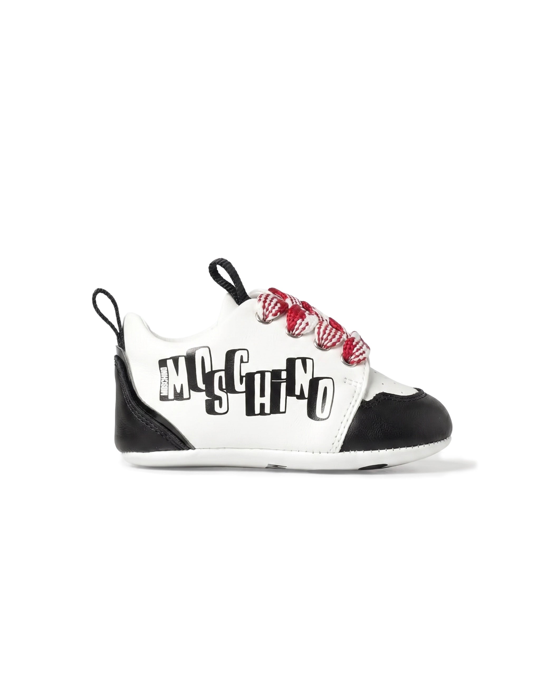 Moschino Kids Scarpette Bianco e Nero Laccio Fantasia Rosso con Logo per Neonati