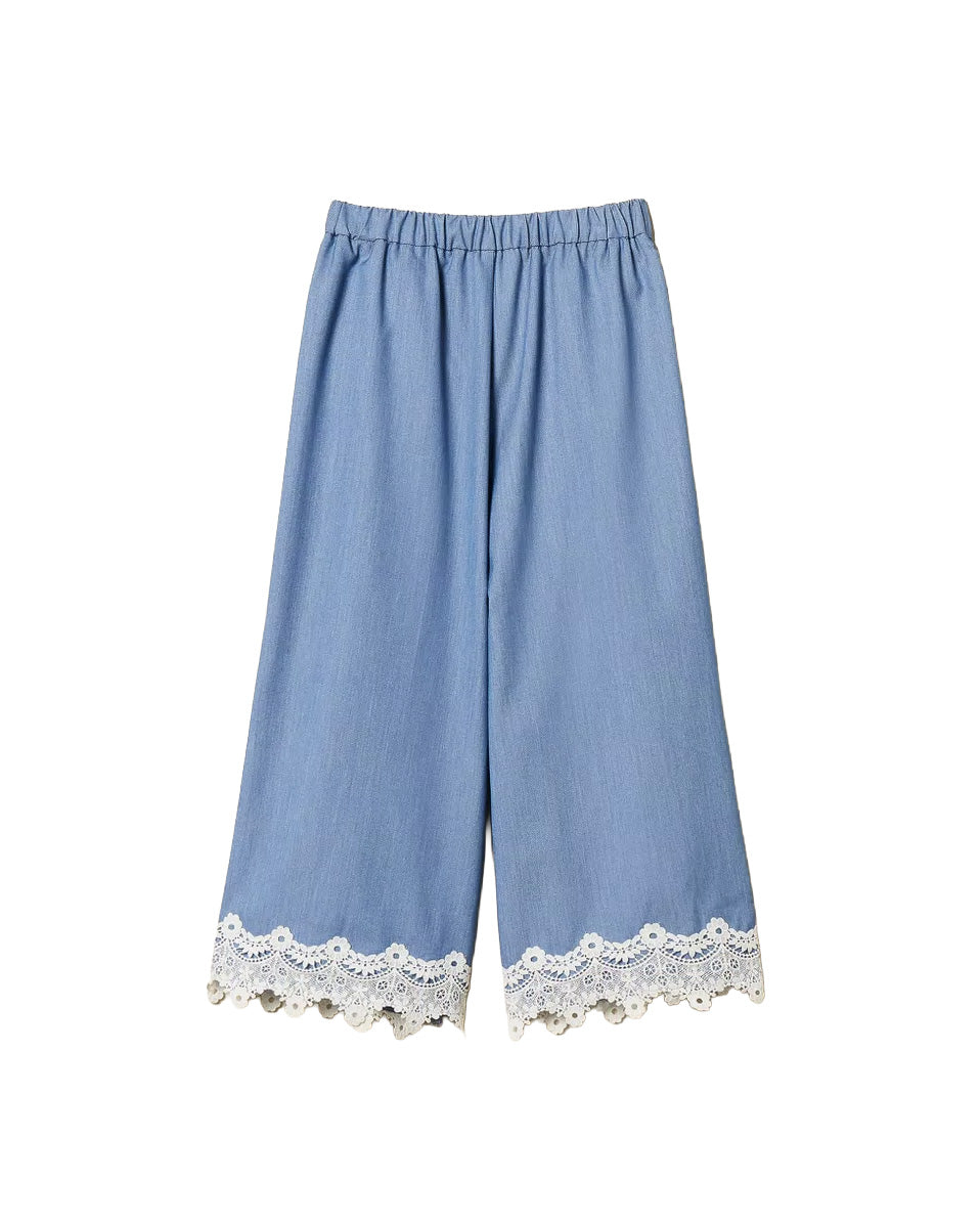 Twinset Kids Pantalone Cielo con Dettagli in Pizzo per Bambine