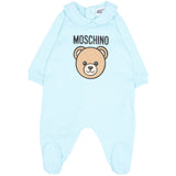 Moschino Kids Tutina Celeste in Cotone con Colletto e Stampa Teddy Bear e Logo per Neonati