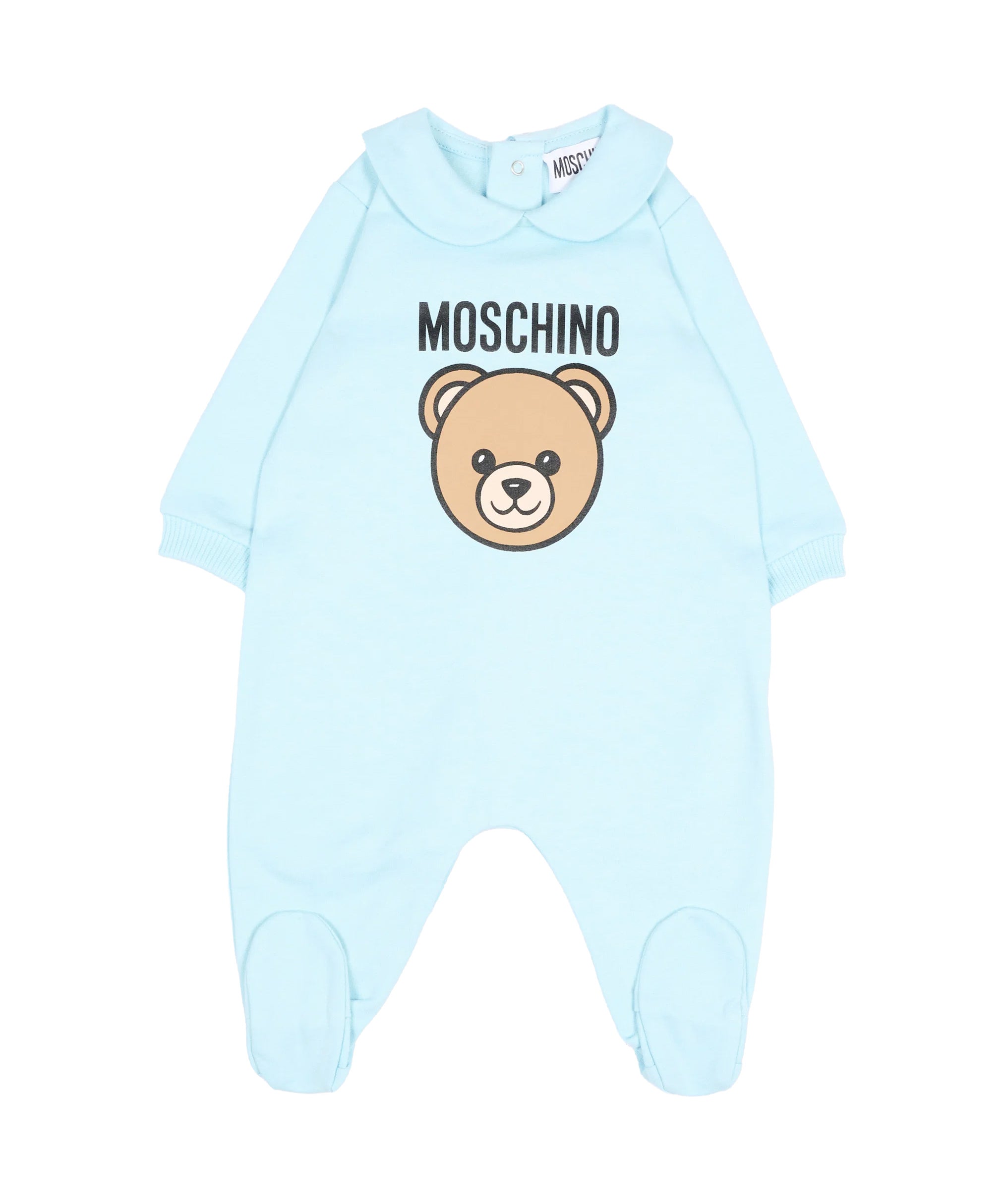 Moschino Kids Tutina Celeste in Cotone con Colletto e Stampa Teddy Bear e Logo per Neonati