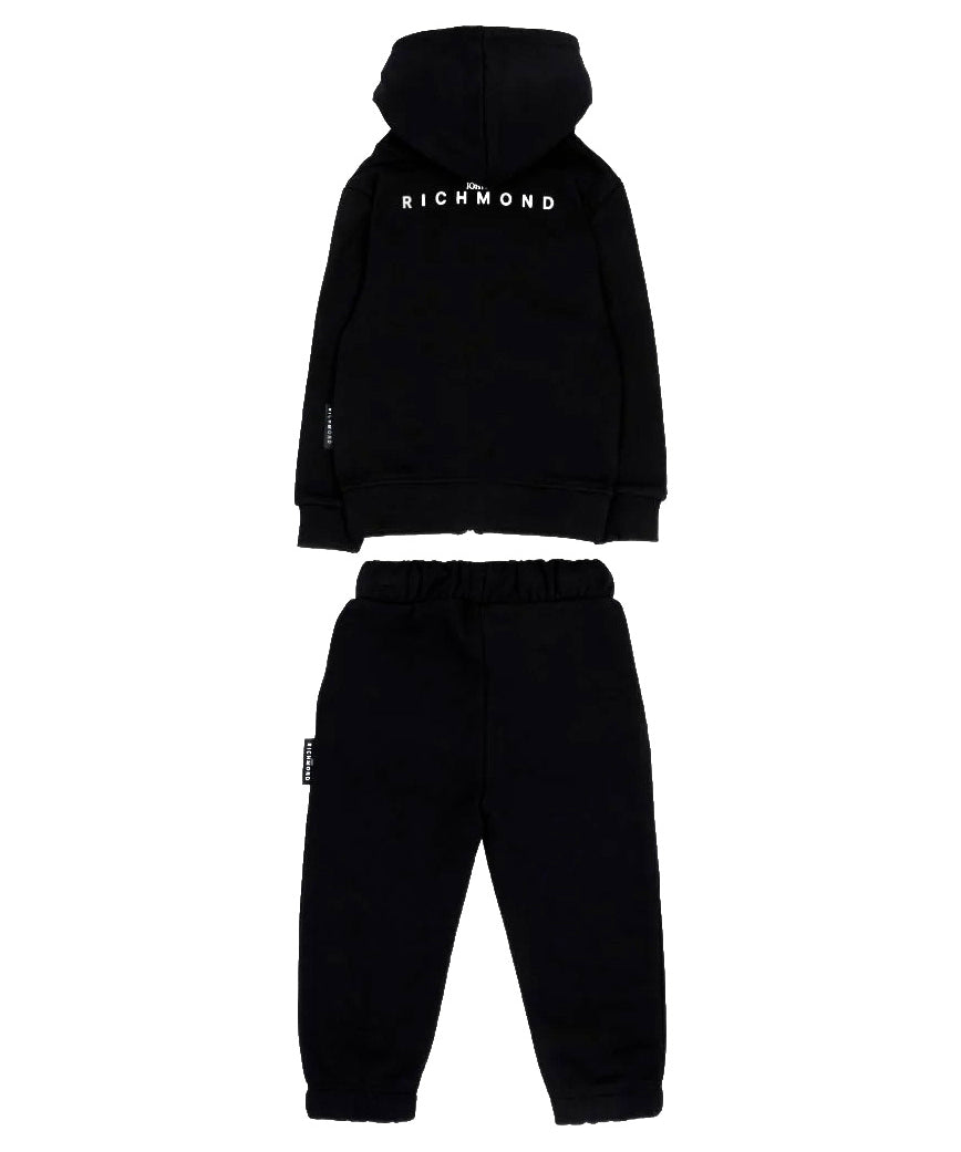 John Richmond Kids Tuta in Felpa Nera con Cappuccio e Logo per Neonati