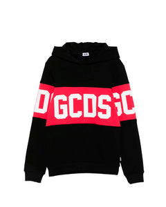 Gcds Kids Felpa con Capuccio Nera Unisex con Stampa GCDS a Contrasto per Bambini