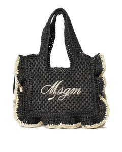 Msgm Kids Borsa Nero in Rafia con Ricamo Logo per Bambine