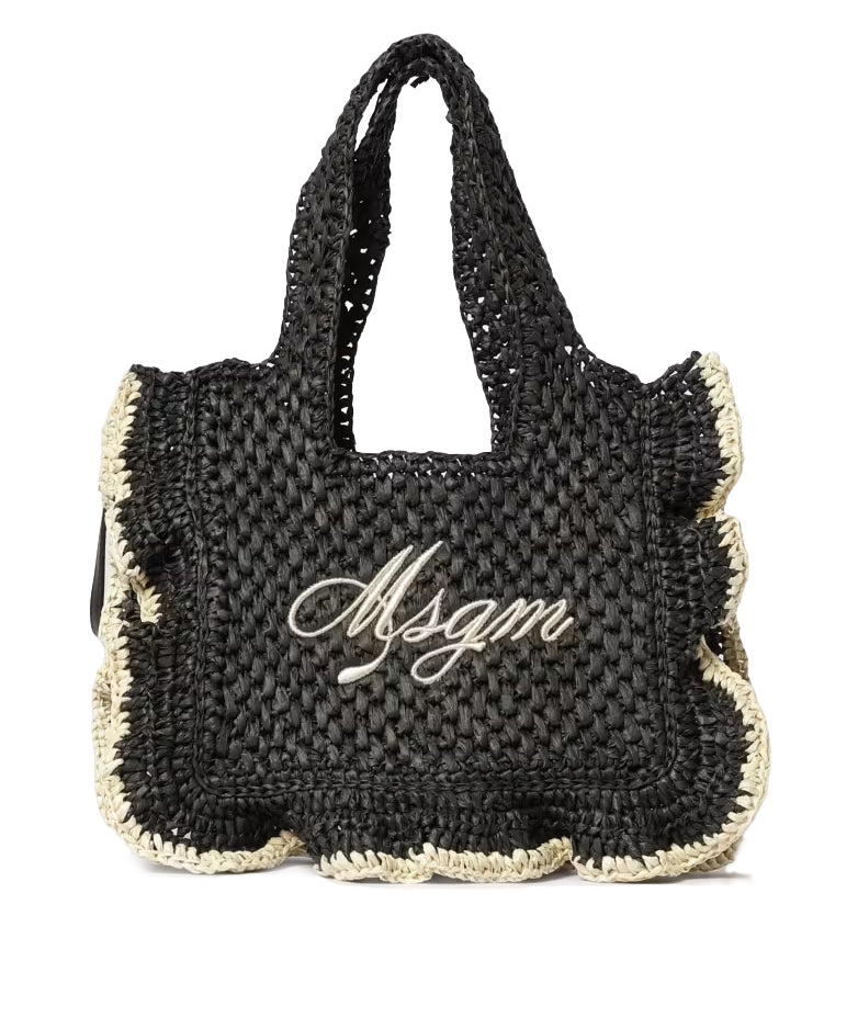 Msgm Kids Borsa Nero in Rafia con Ricamo Logo per Bambine