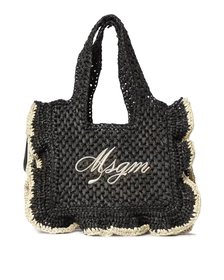 Msgm Kids Borsa Nero in Rafia con Ricamo Logo per Bambine