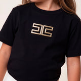 Elisabetta Franchi La Mia Bambina T-shirt Nera con Logo Effetto Metallico Oro per Neonate