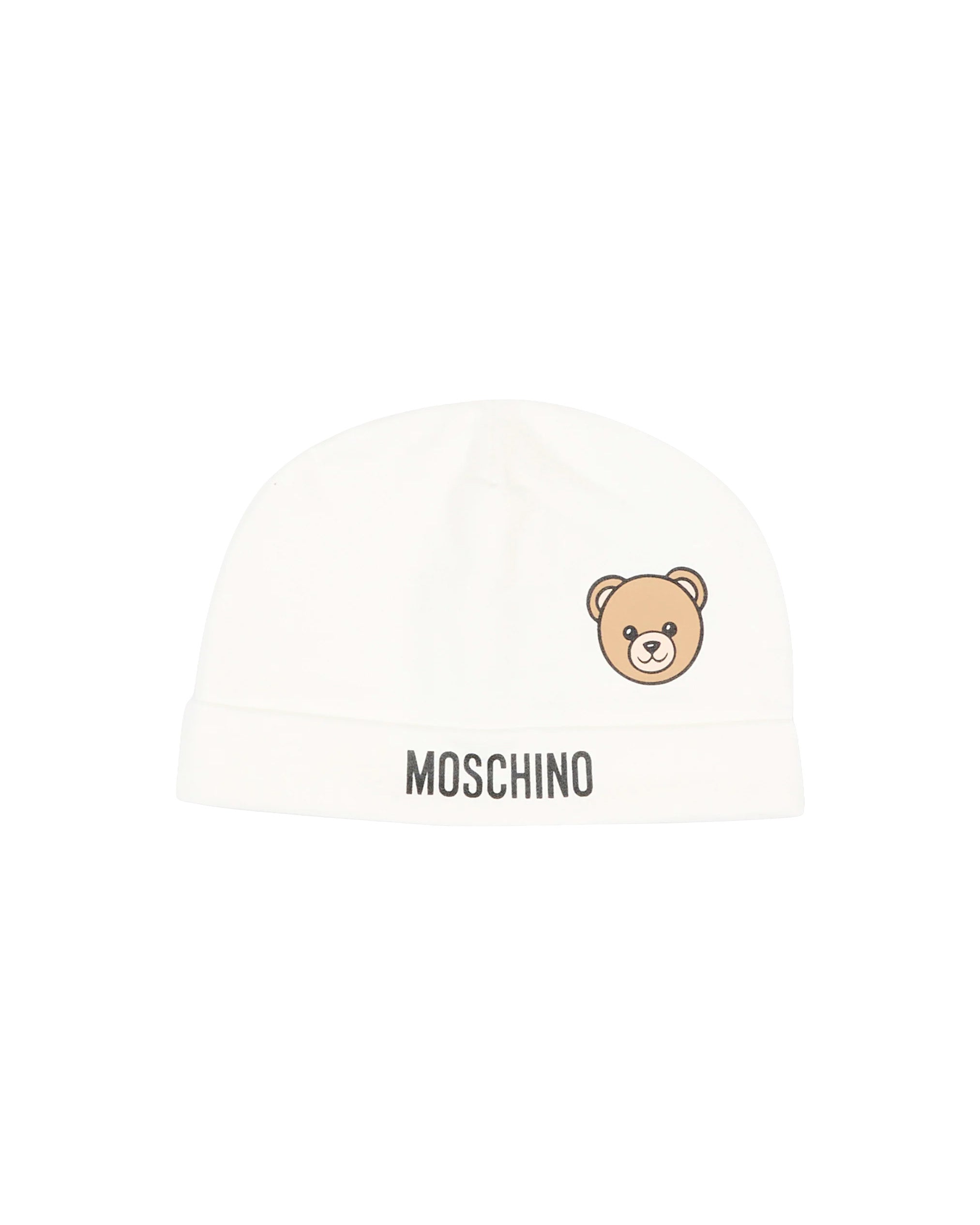 Moschino Kids Cappellino Panna in Cotone con Stampa Teddy Bear e Logo Unisex per Neonati