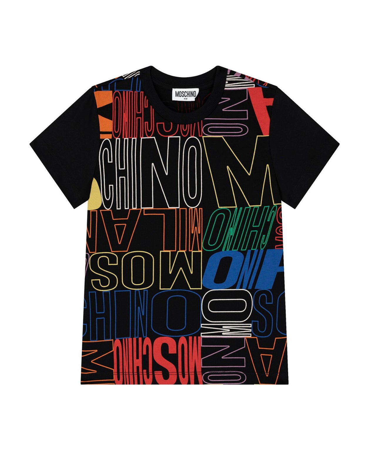 Moschino Kids T-shirt Nera con Monogram Multicolor per Bambini
