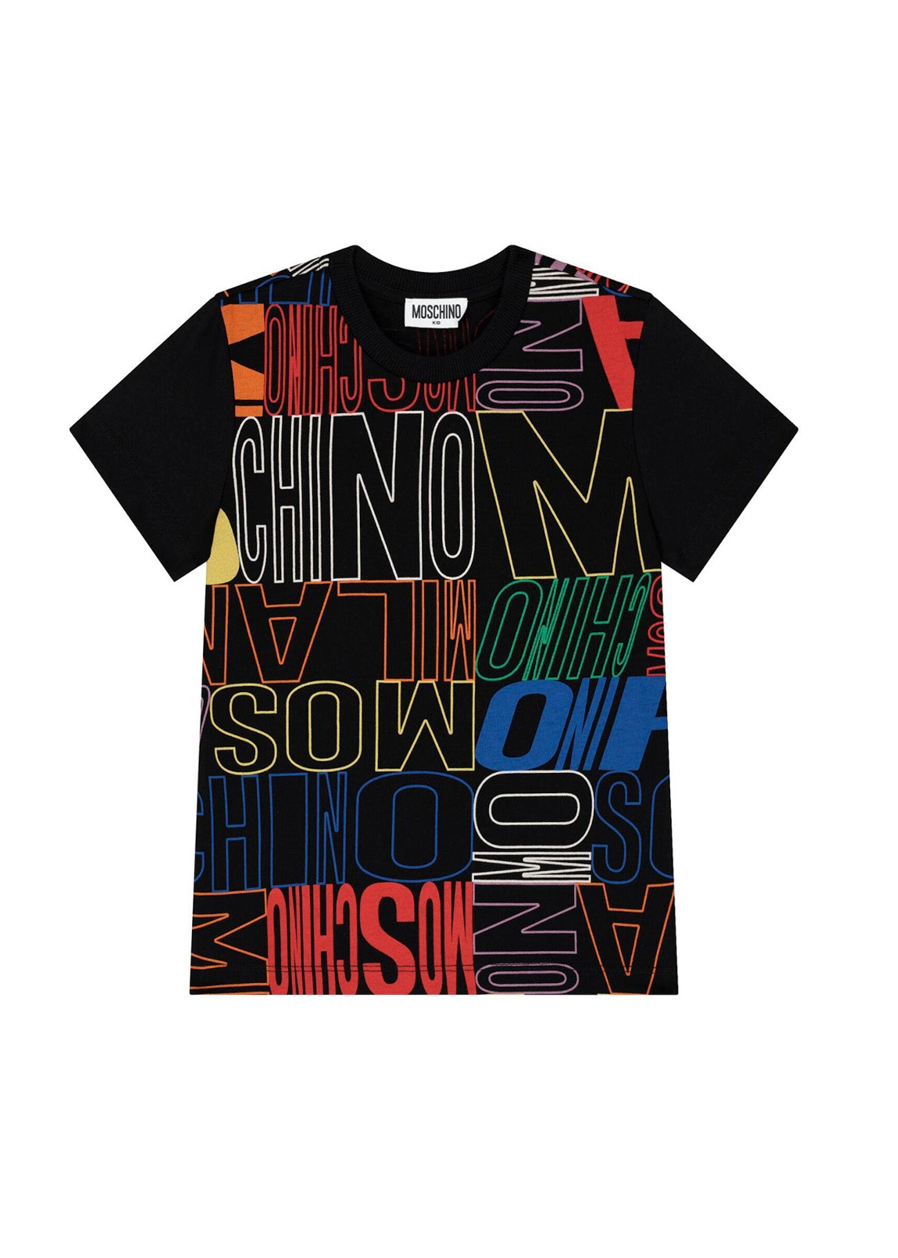 Moschino Kids T-shirt Nera con Monogram Multicolor per Bambini