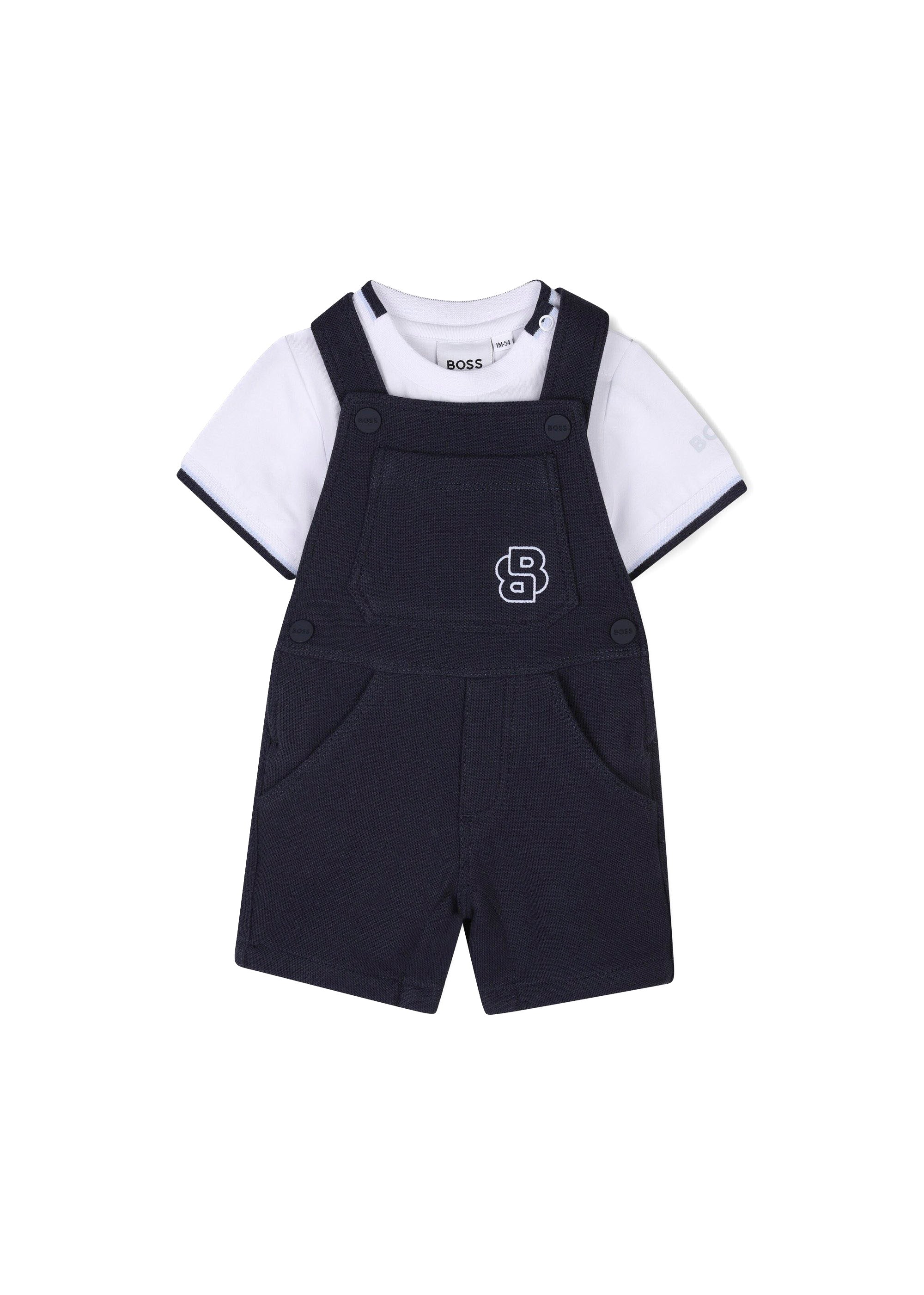 Boss Kids Salopette Navy con T-shirt per Neonati