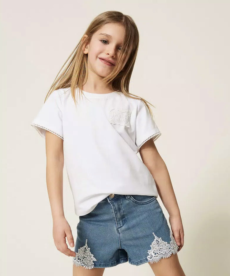Twinset Kids Short in Denim con Dettagli in Pizzo per Bambine e Neonate
