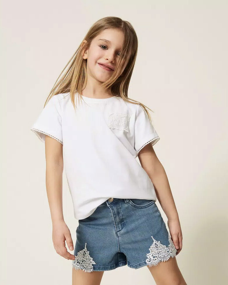 Twinset Kids Short in Denim con Dettagli in Pizzo per Bambine e Neonate