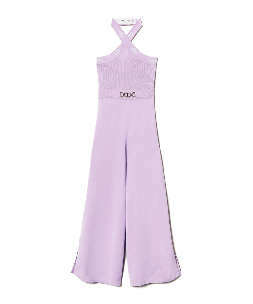 Twinset Kids Tuta in Maglia Viola con Logo Jacquard per Bambine