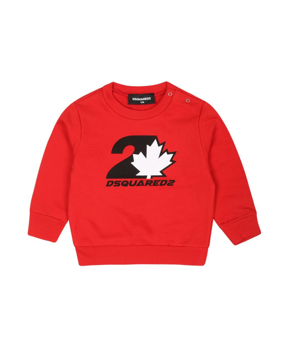 Dsquared2 Kids Felpa Girocollo Rossa con Stampa D2 Leaf per Neonati