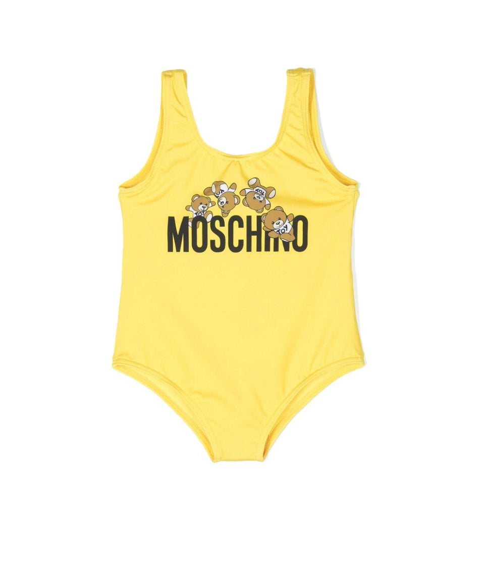 Moschino Kids Costume Monokini Giallo con Logo Teddy Bear per Neonate (fronte)