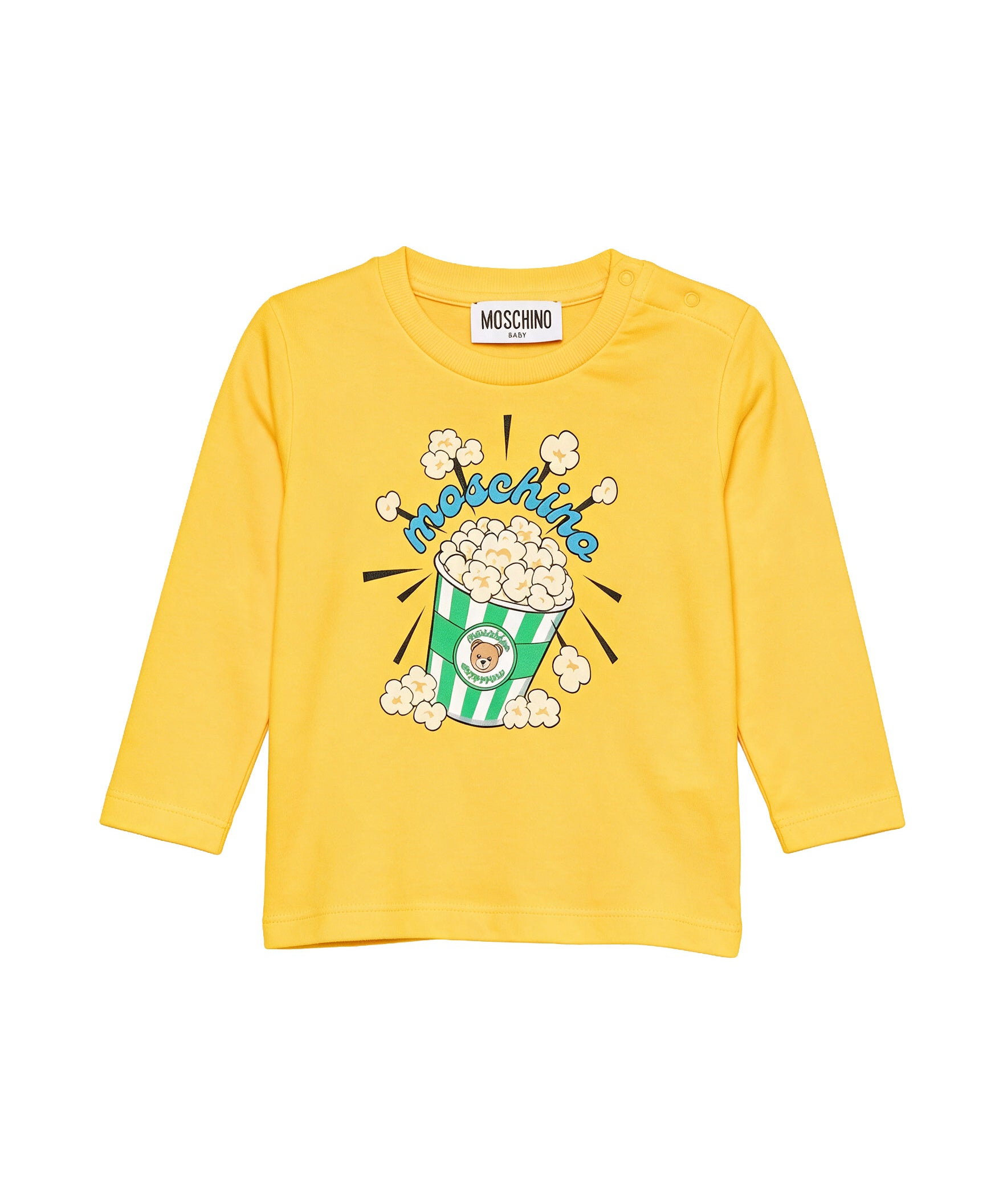 Moschino Kids Maglia Gialla a Maniche Lunghe con Stampa Popcorn Teddy Bear e Logo Unisex per Neonati