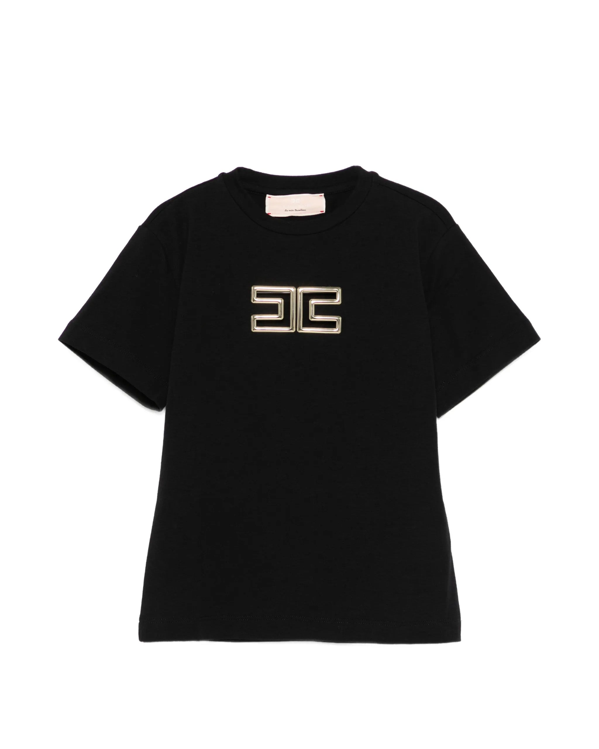 Elisabetta Franchi La Mia Bambina T-shirt Nera con Logo Effetto Metallico Oro per Neonate