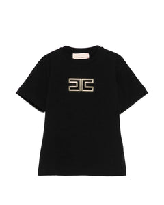 Elisabetta Franchi La Mia Bambina T-shirt Nera con Logo Effetto Metallico Oro per Neonate