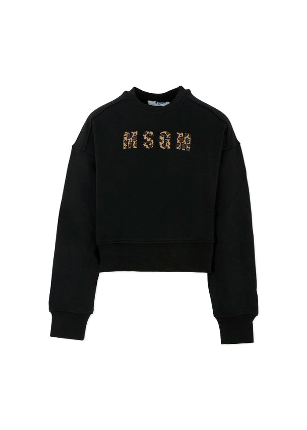 MSGM Kids Felpa Girocollo Nera con Logo Maculato per Bambine
