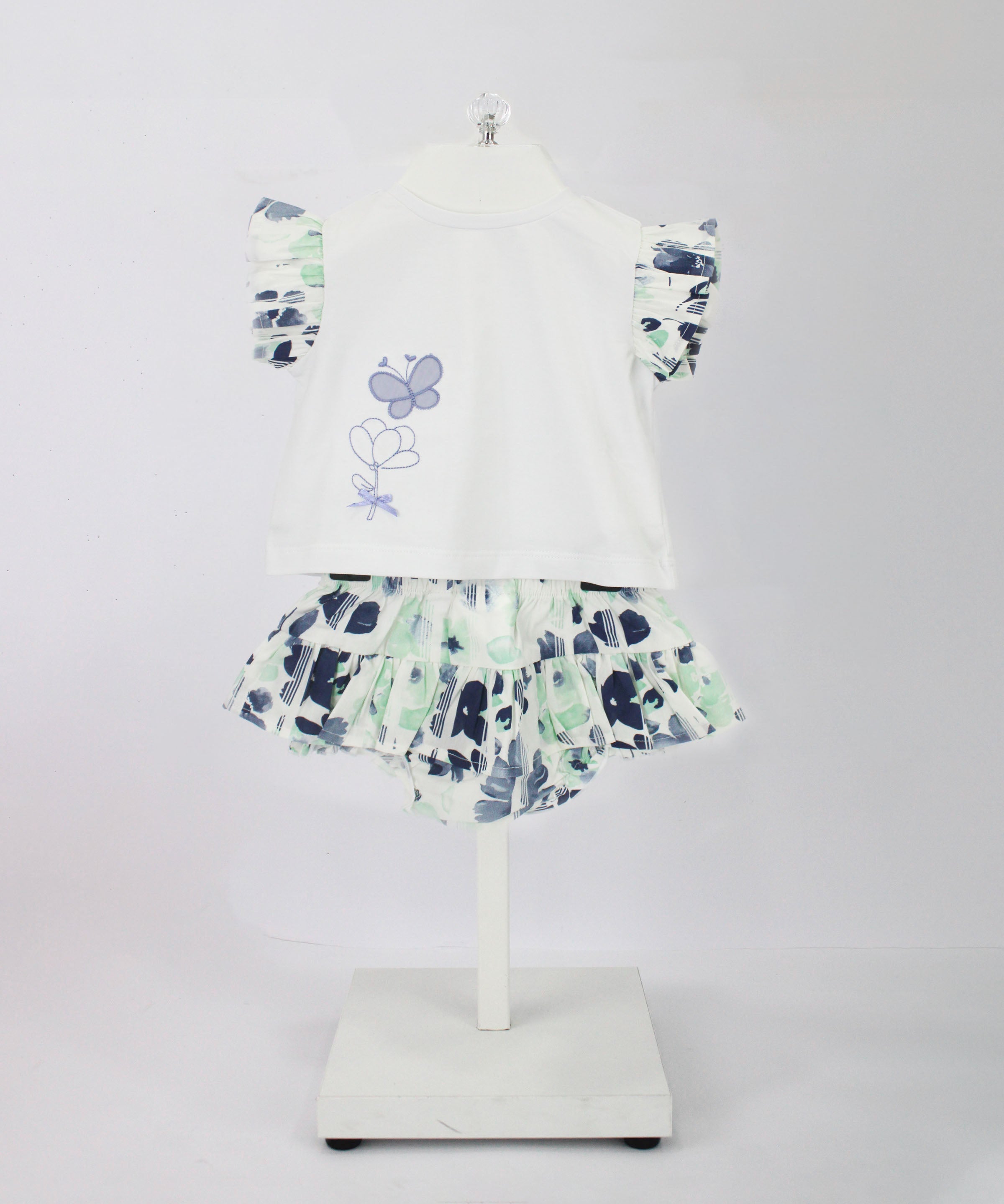 Minibanda T-shirt Bianca con Ricami e Gonna Culotta Floreale Blu per Neonate