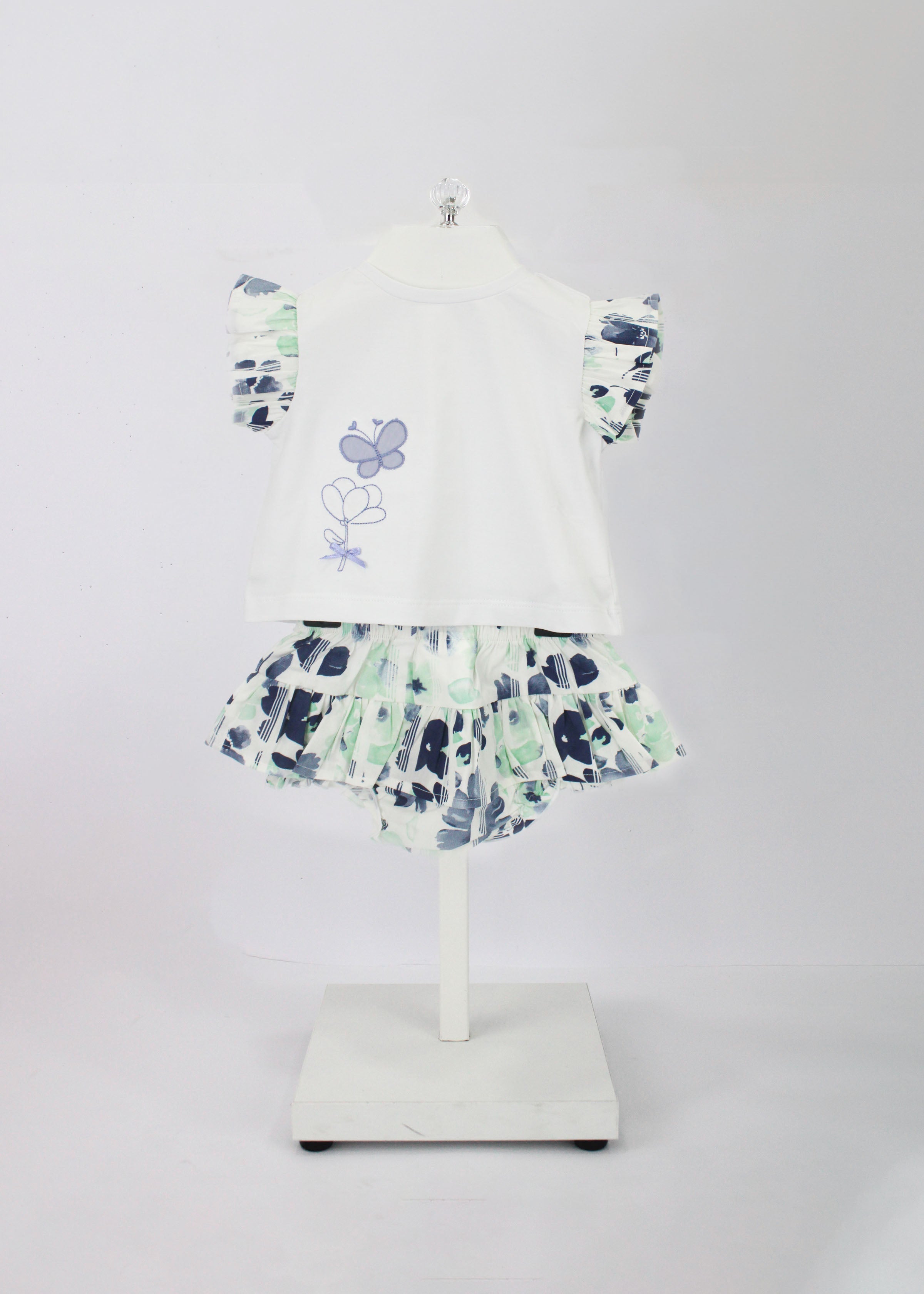 Minibanda T-shirt Bianca con Ricami e Gonna Culotta Floreale Blu per Neonate