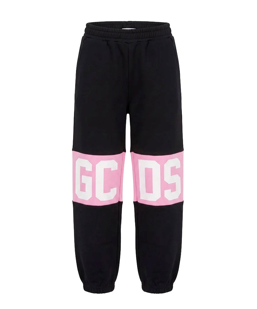 Gcds Kids Pantalone Felpa Nero con Banda Rosa Logata per Bambine