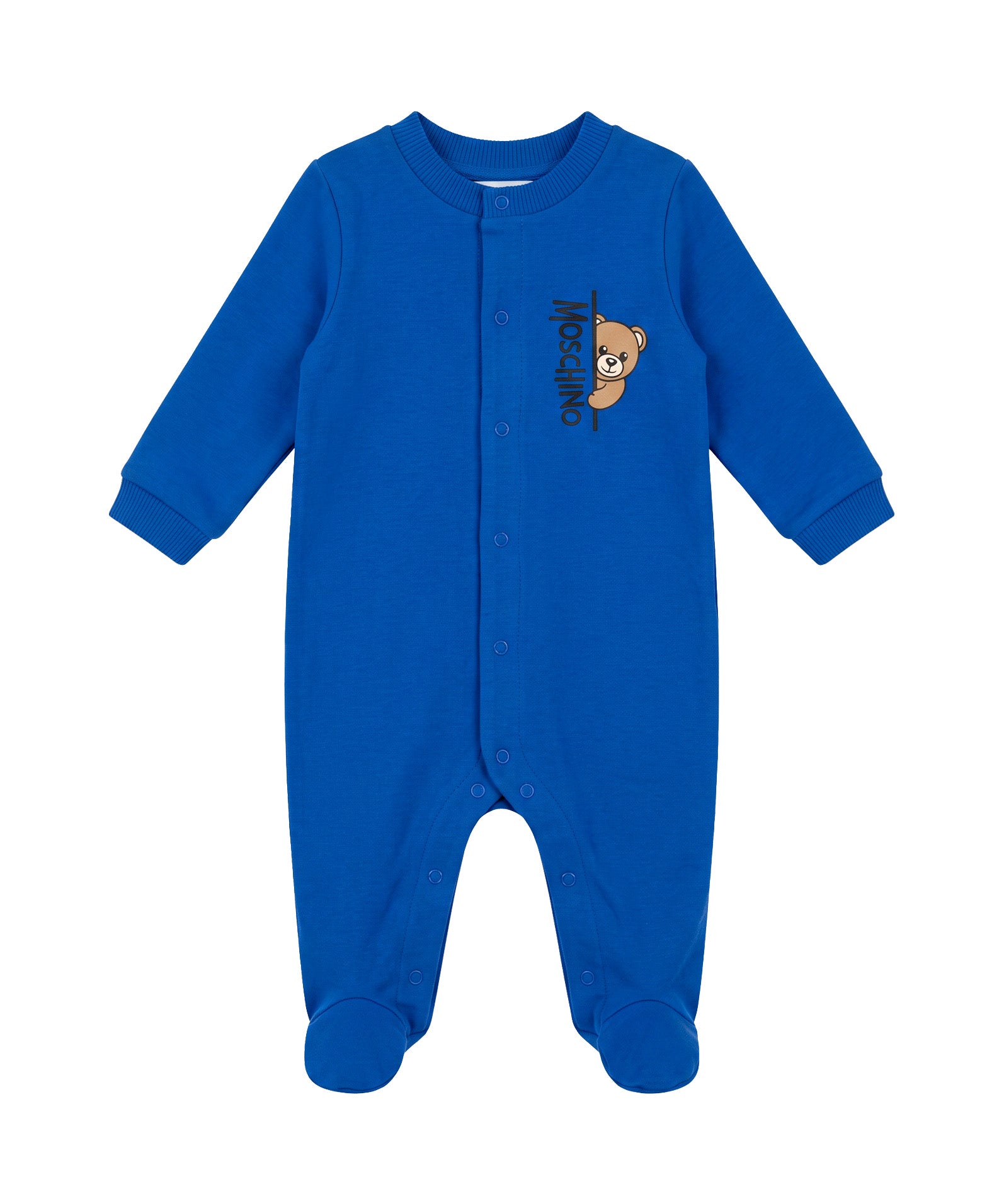 Moschino Kids Tutina Intera Blu in Cotone con Teddy Bear e Logo per Bambini