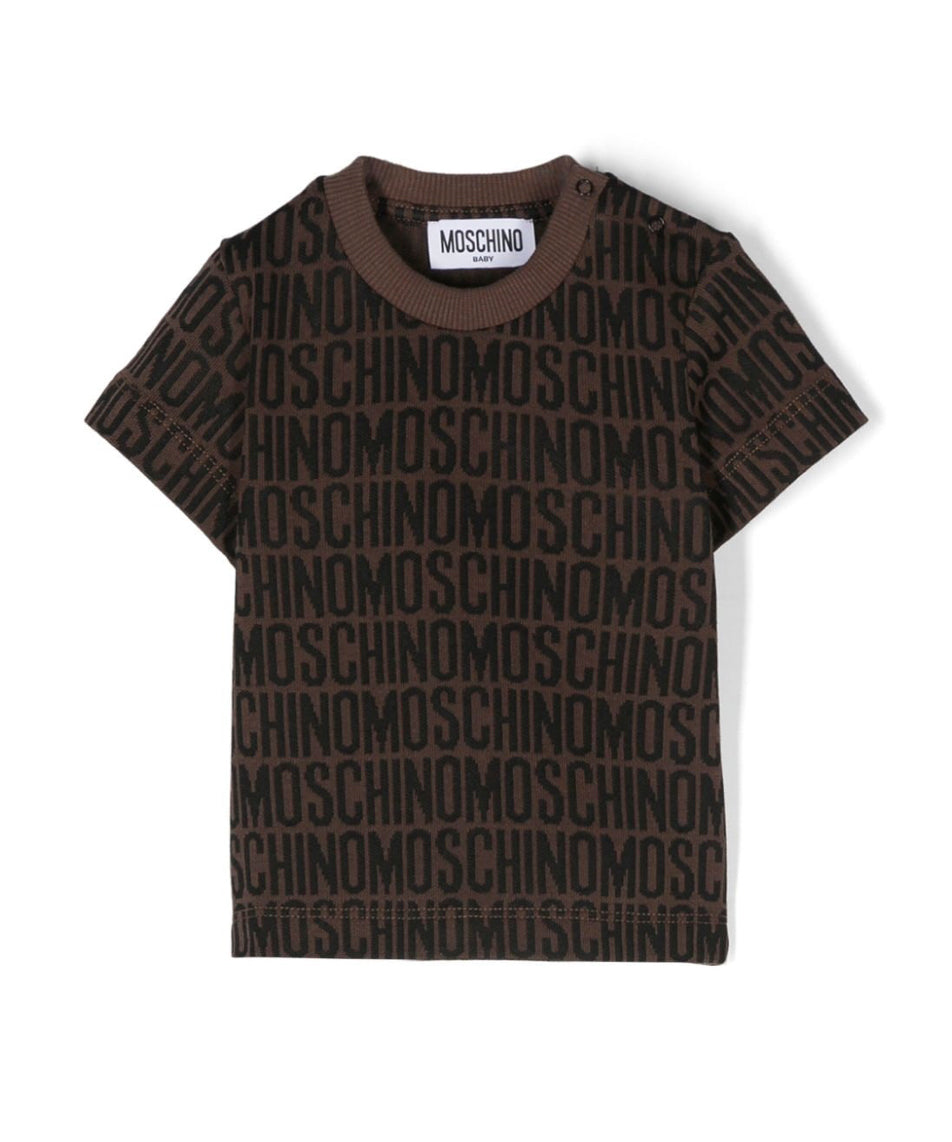 Moschino Kids T-Shirt Neonato Marrone con Logo All-over
